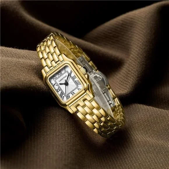 Gold Watches for Women with Small Vintage Bracelet, Rectangular Case